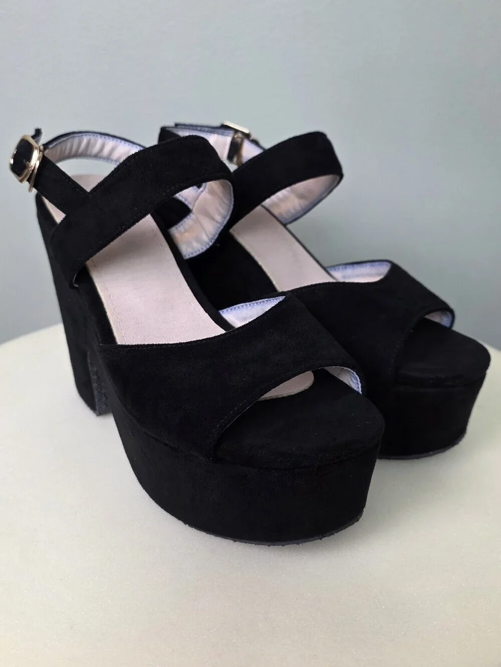 Retro Black Faux Suede Chunky Platform Sandals Open Toe Block Heel Y2K, EU 38